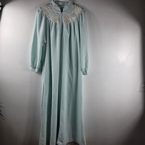 Vintage‎ Komar Women's Long Sleeve Lounger Robe Floral Yoke Zipper MINT Green